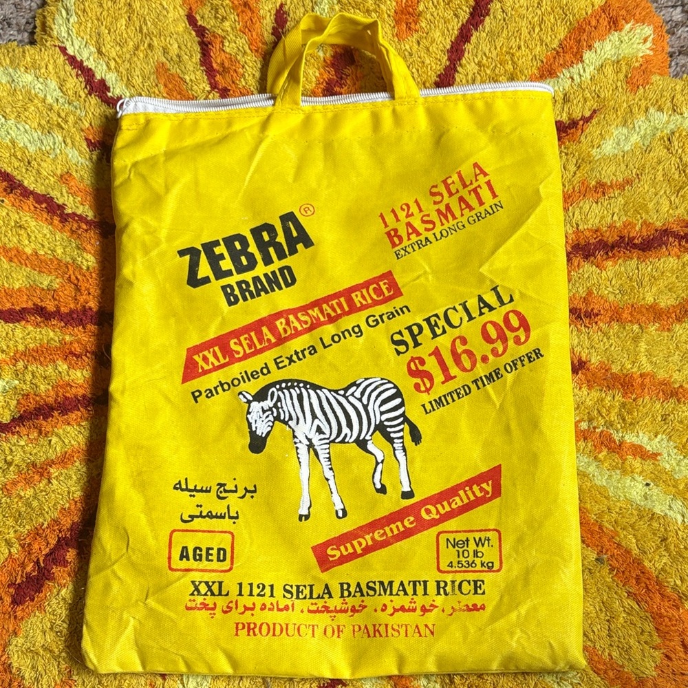 Handmade Tote made from a Zebra Brand Yellow Rice Bag